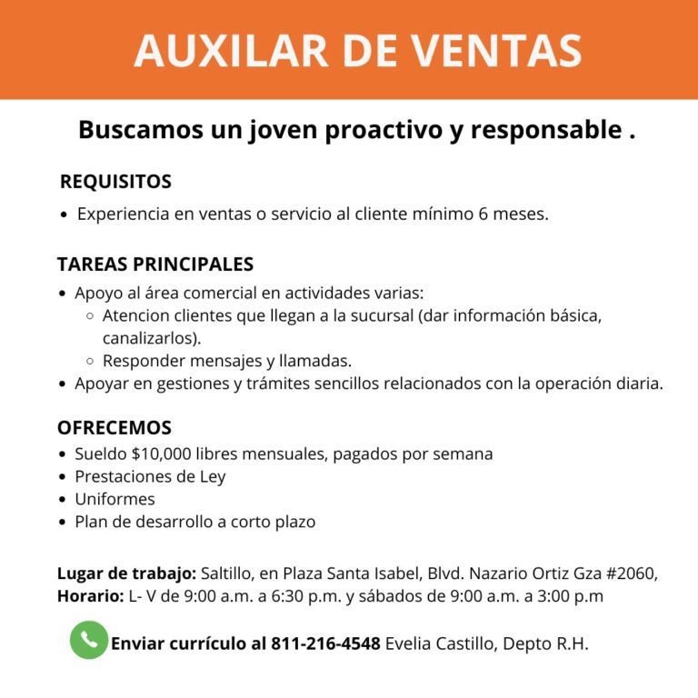 Auxiliar de Ventas Saltillo
